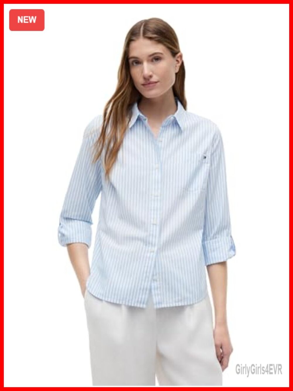 Tommy Hilfiger Women's Cotton Poplin Button Down Shirt Roll Up Sleeve